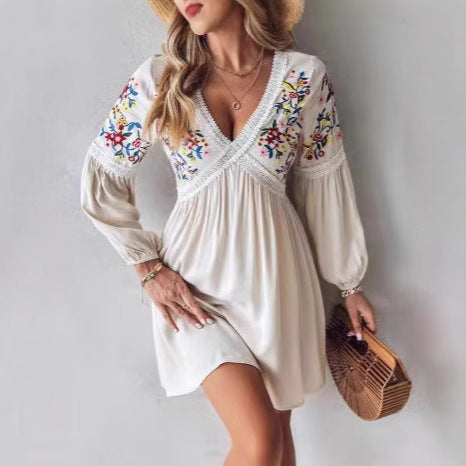 Damen Luftiges Sommerkleid mit besticktem V-Ausschnitt und langen Ärmeln Drune