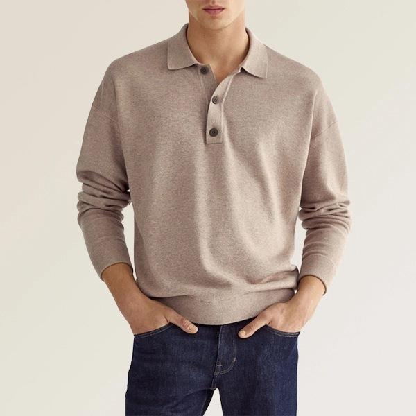 Herren Feinstrick-Polo-Sweater mit langen Ärmeln, gerippten Bündchen und subtiler Knopfleiste EB