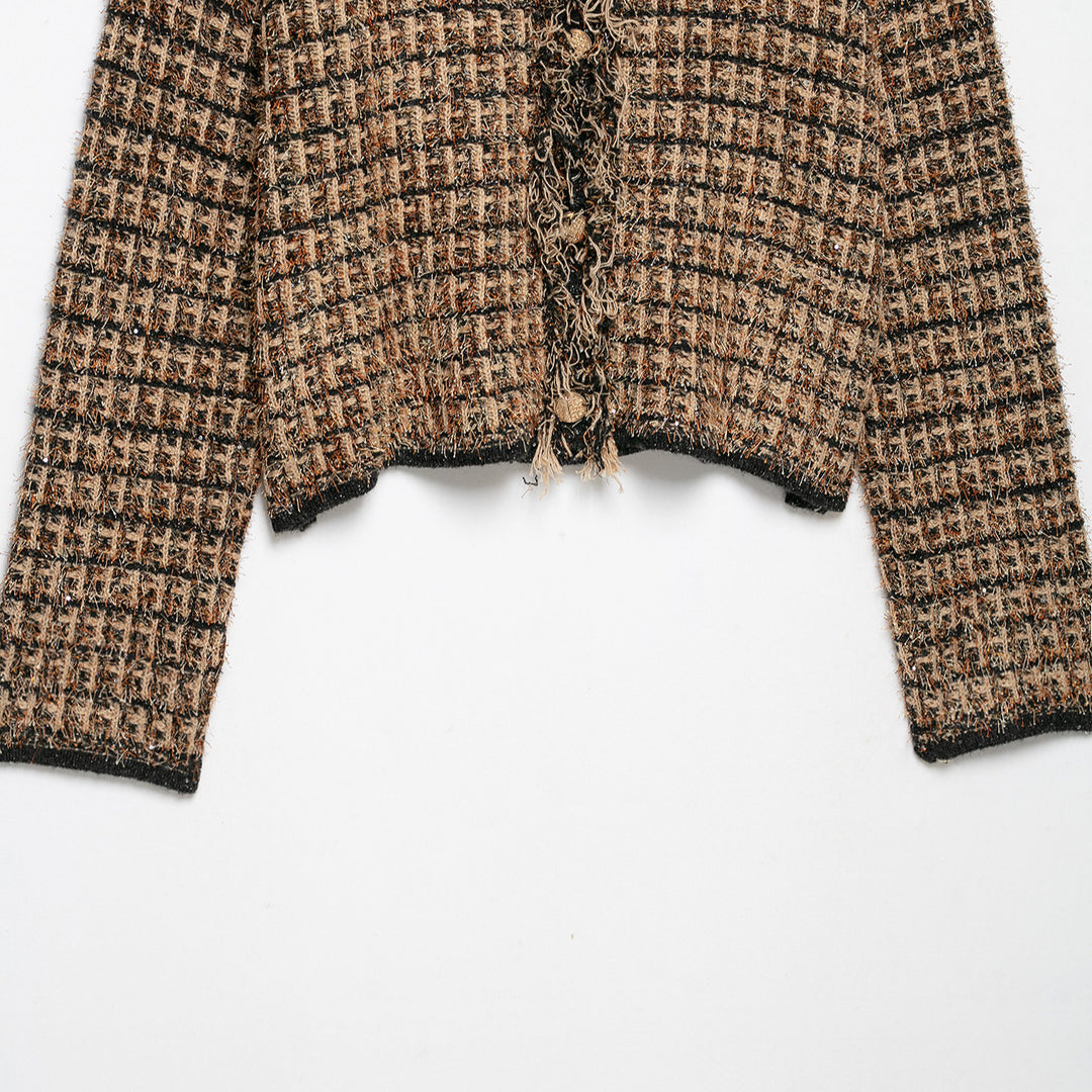 Damen Bouclé-Tweed-Croppedjacke mit Fransenbesatz und Rundhalsausschnitt Drune