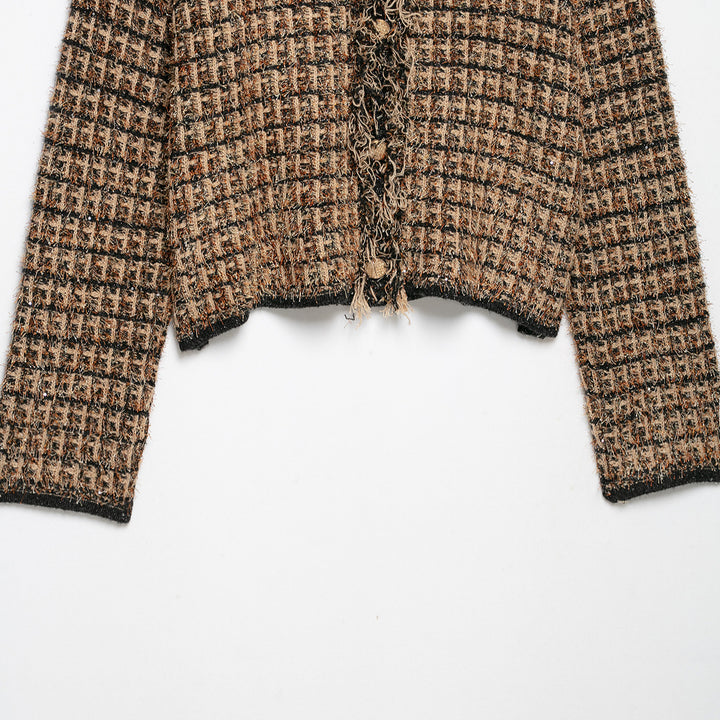 Damen Bouclé-Tweed-Croppedjacke mit Fransenbesatz und Rundhalsausschnitt Drune