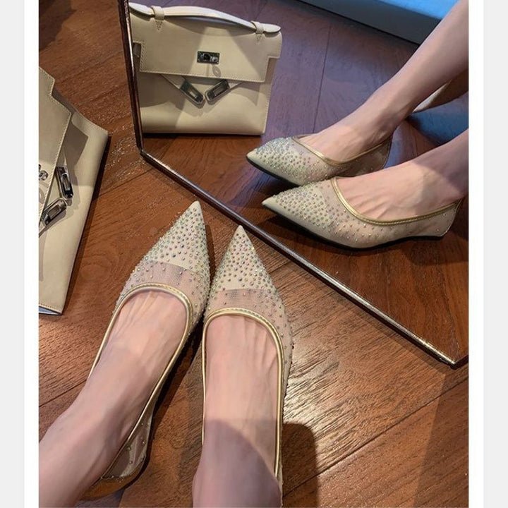 Damen Elegante spitz zulaufende Mesh-Ballerinas mit Kristallbesatz und goldener Einfassung Drune