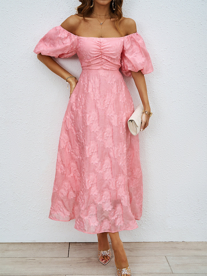 Damen elegantes Maxi-Kleid mit floralem Relief und schulterfreiem Design Drune