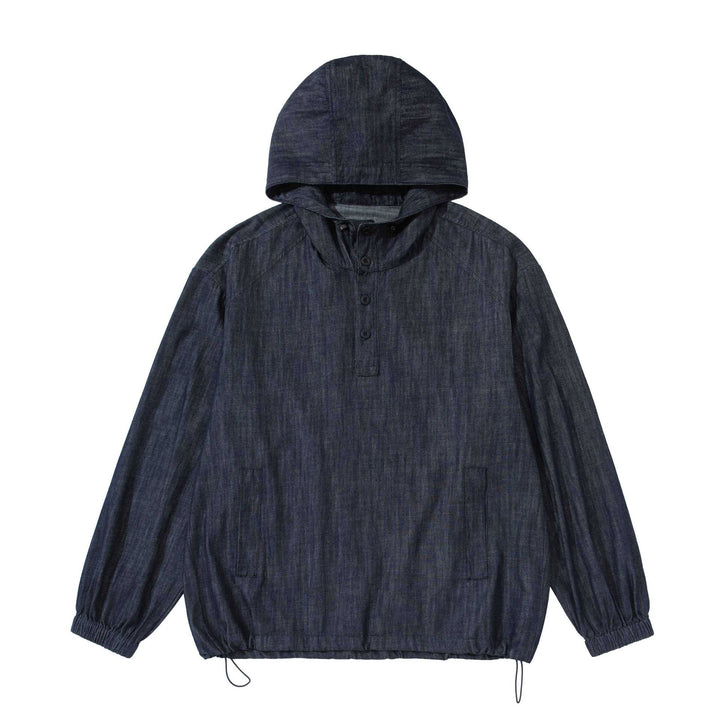 Herren leichter Denim-Anorak mit Kapuze und halber Knopfleiste Drune