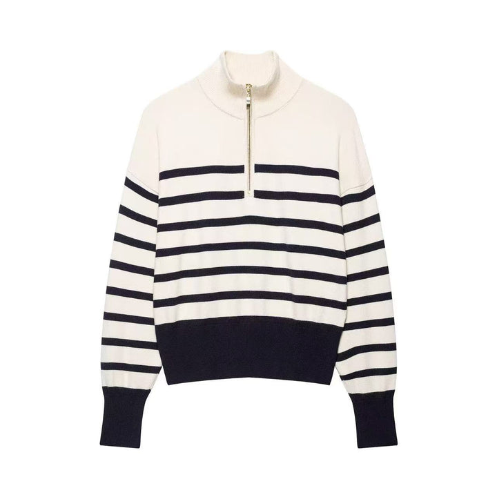Damen Gestreifter Strickpullover mit halbem Reißverschluss und Stehkragen Drune