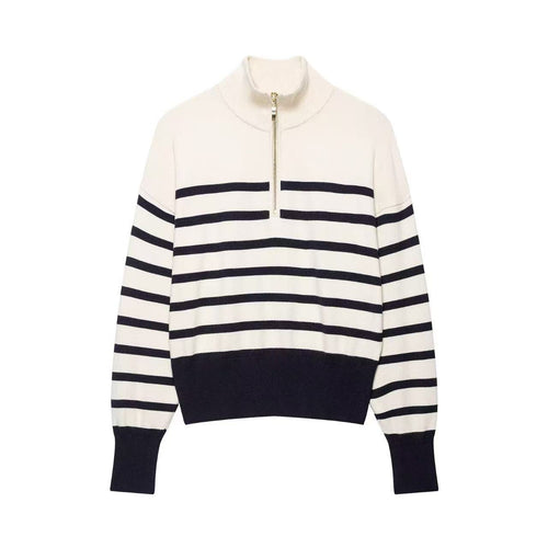 Damen Gestreifter Strickpullover mit halbem Reißverschluss und Stehkragen Drune