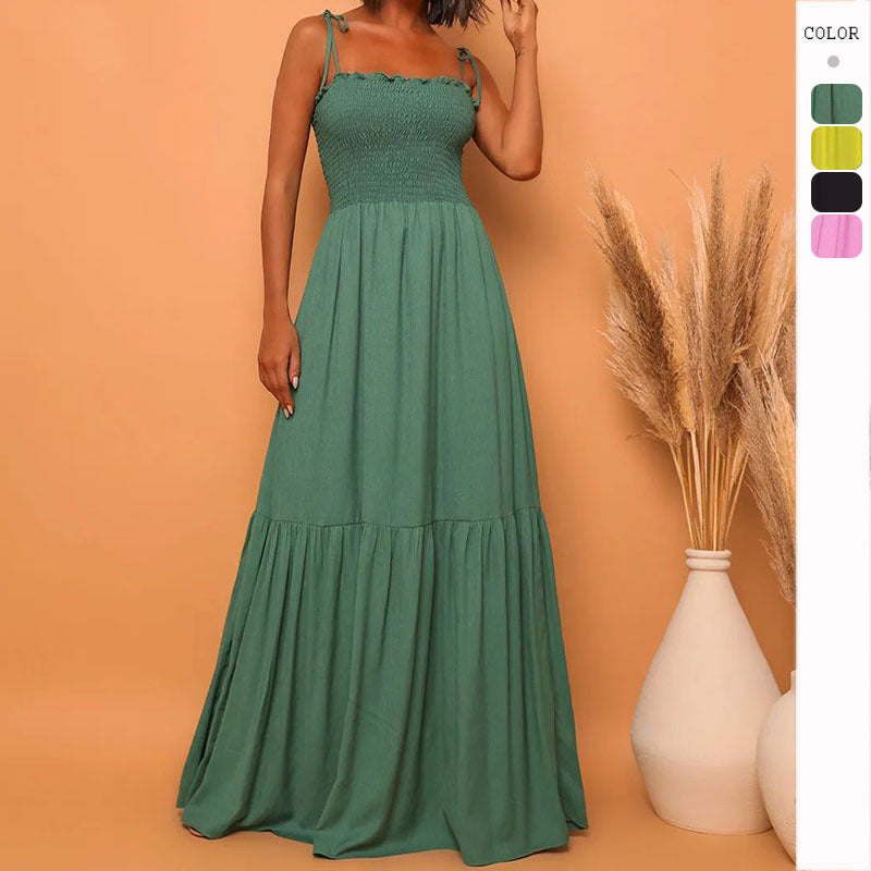 Damen Maxikleid mit elastischem Oberteil und verspieltem Bindeband Drune