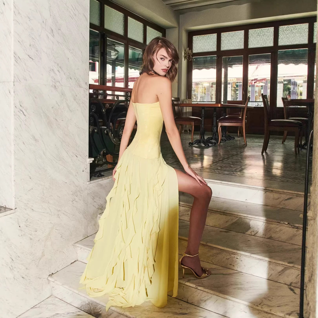 Damen Rüschen Abendkleid mit schimmerndem Oberteil und elegantem Schnitt Drune