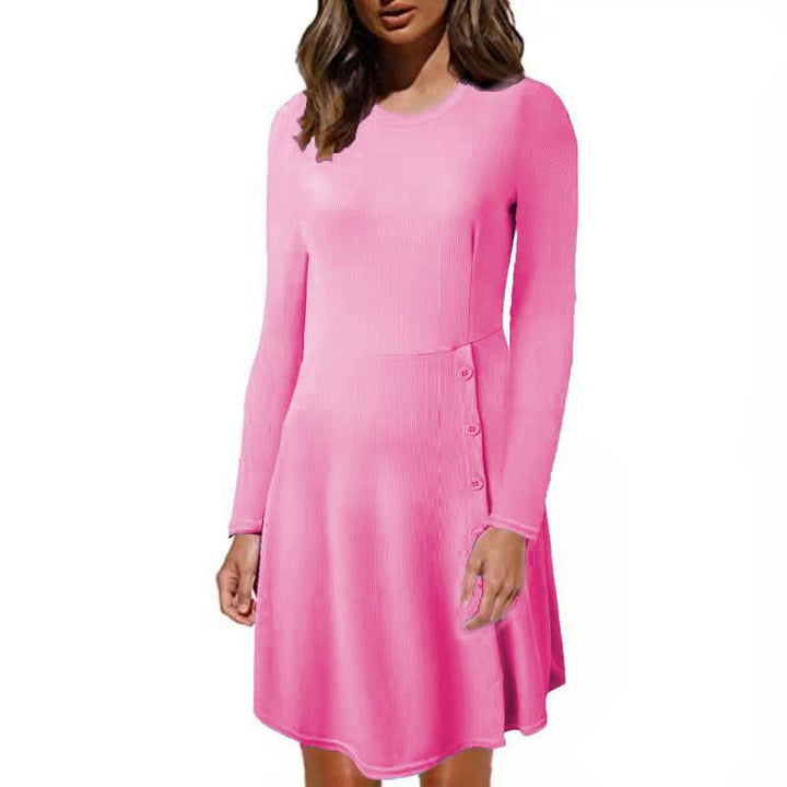 Damen Geripptes A‑Linien Kleid mit Rundhalsausschnitt, langen Ärmeln und seitlicher Knopfleiste Drune