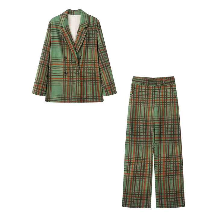 Damen nan eleganter Zweiteiler mit oversized Doppelreiher-Blazer und Highwaist Weitbein-Hose im Karo-Design Drune