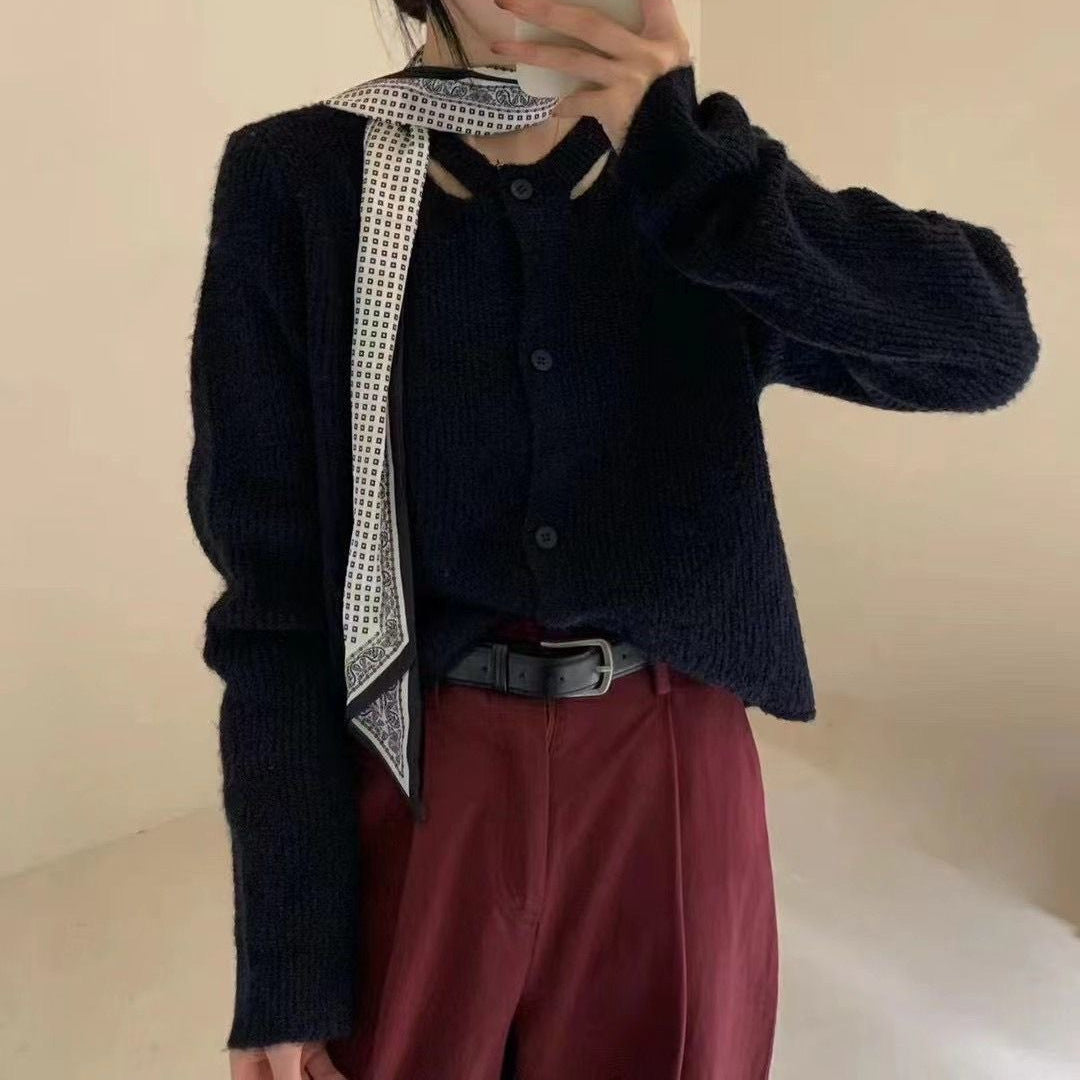 Damen lässige Strickjacke mit dekorativem Halstuch Drune