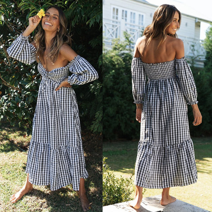 Damen Midi-Kleid mit Puffärmeln und Karomuster Drune