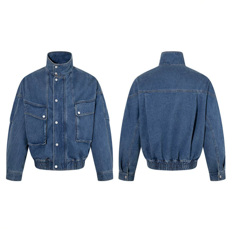 Damen Oversize-Jeansjacke mit Stehkragen, Druckknopfleiste und aufgesetzten Cargo-Taschen Drune