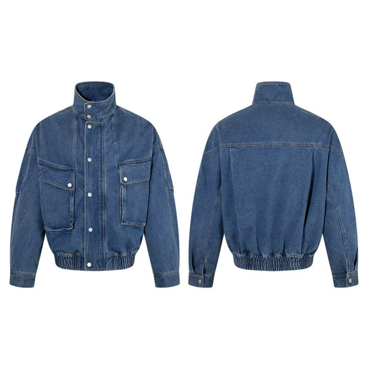 Damen Oversize-Jeansjacke mit Stehkragen, Druckknopfleiste und aufgesetzten Cargo-Taschen Drune