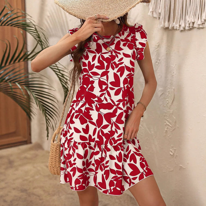 Damen Leichtes Stufen‑Kurzkleid mit Rüschenärmeln und botanischem Print Drune