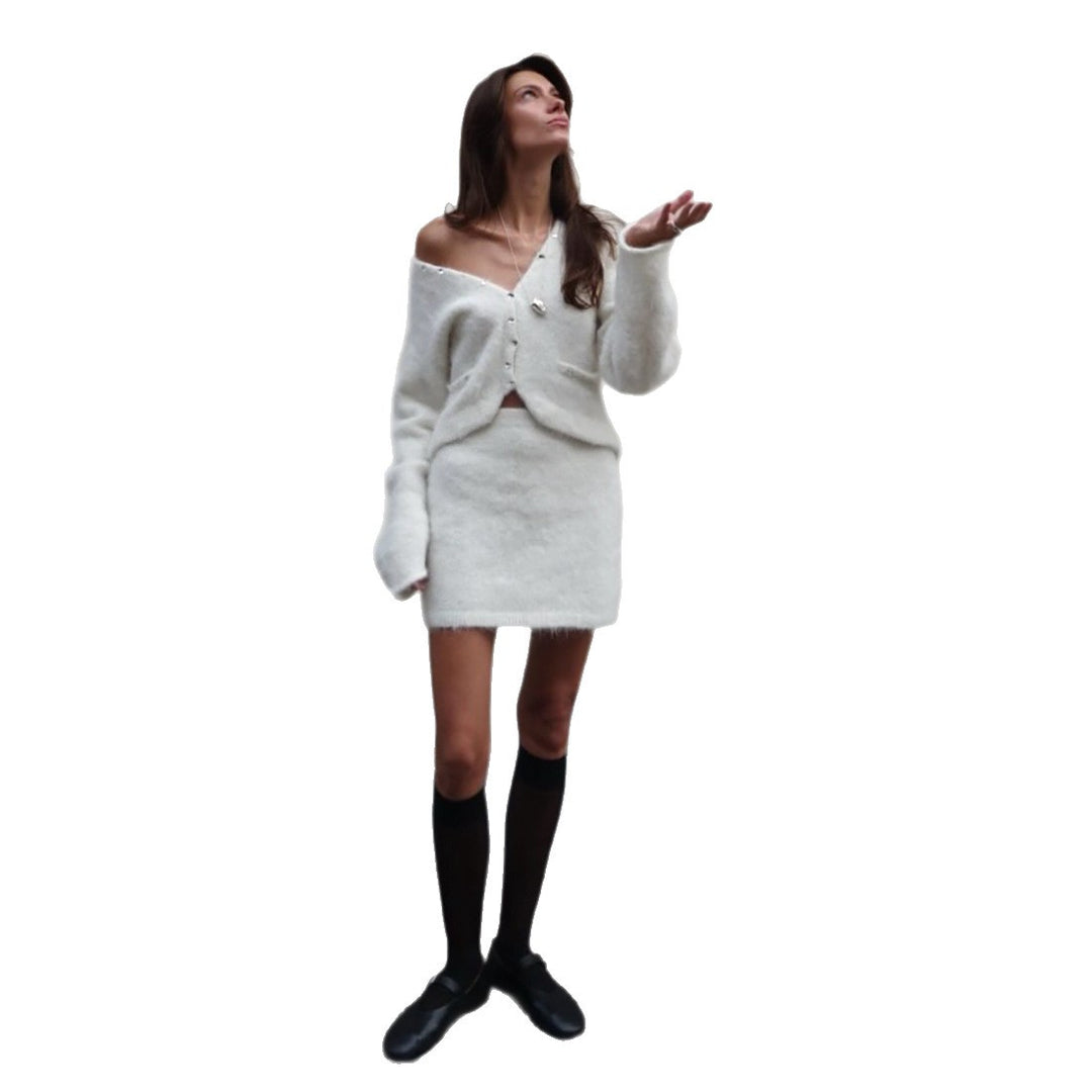 Damen Modisches Strickensemble mit V-Ausschnitt und Knopfdetails Drune