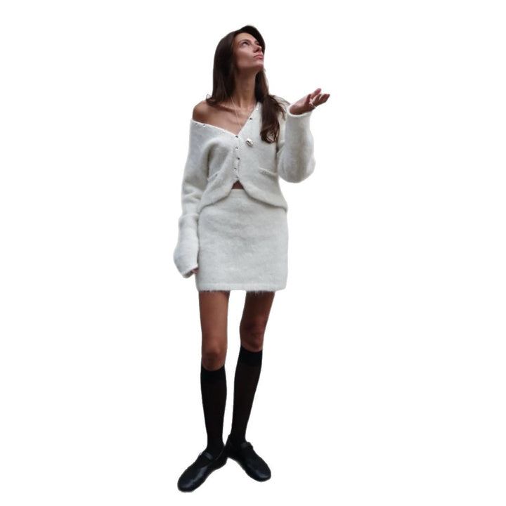 Damen Modisches Strickensemble mit V-Ausschnitt und Knopfdetails Drune