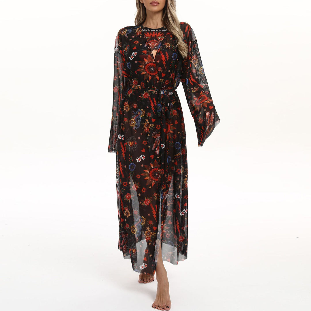 Damen Transparenter Strandkimono mit floralen Mustern Drune