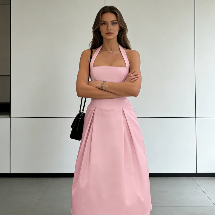 Damen Elegantes Midikleid mit tiefem V-Ausschnitt und stilvollem Faltenrock Drune