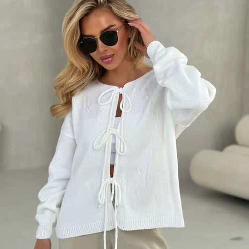 Damen lässiger Strickpullover mit dekorativer Schnürung und weitem Schnitt Drune