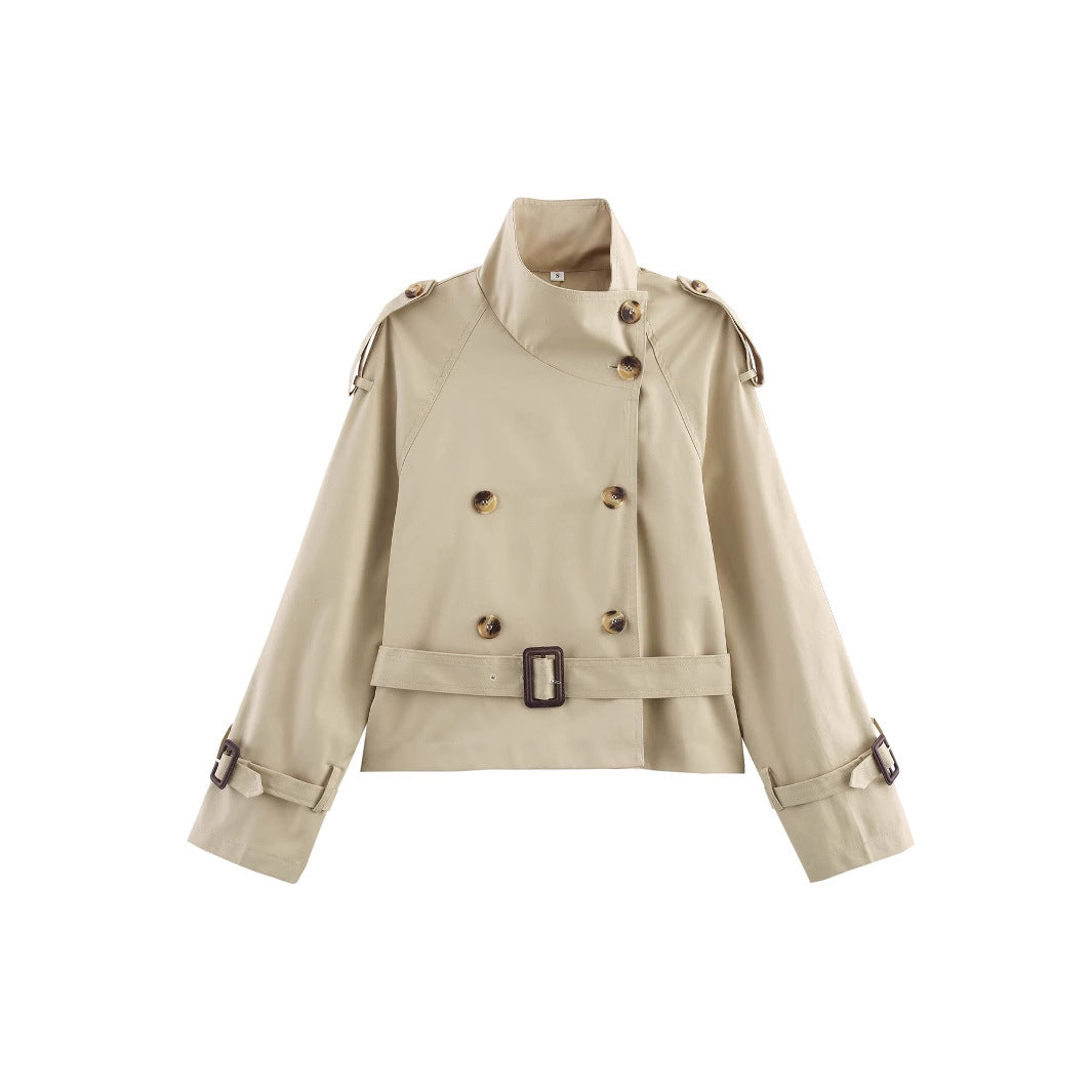 Damen modischer Trenchcoat mit hoch geschlossenem Kragen und praktischen Schulterriegeln Drune