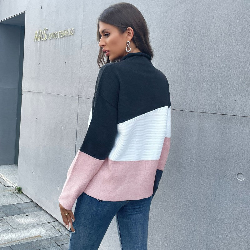 Damen Dreifarbiger Strukturstrick-Pullover mit Stehkragen und lässiger Oversize-Silhouette Drune
