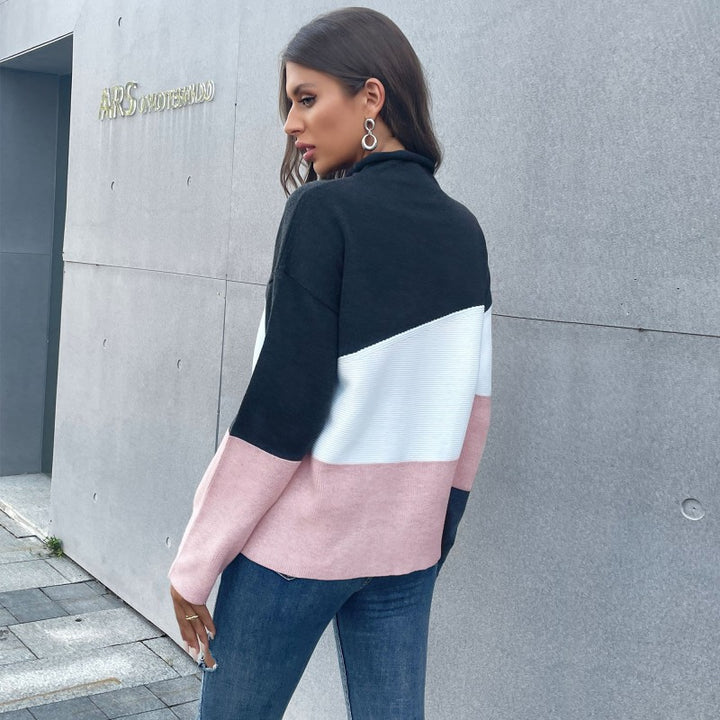 Damen Dreifarbiger Strukturstrick-Pullover mit Stehkragen und lässiger Oversize-Silhouette Drune