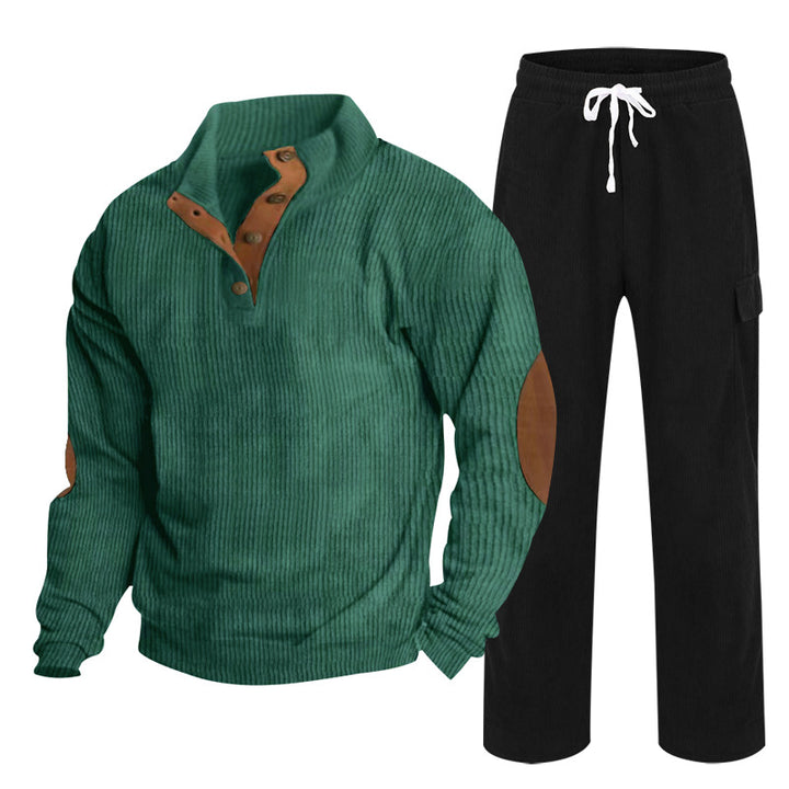 Herren Gemütliches Freizeit-Set aus Waffelstrick-Henley mit Ellenbogenpatch und Relax-Cargo-Hose Drune
