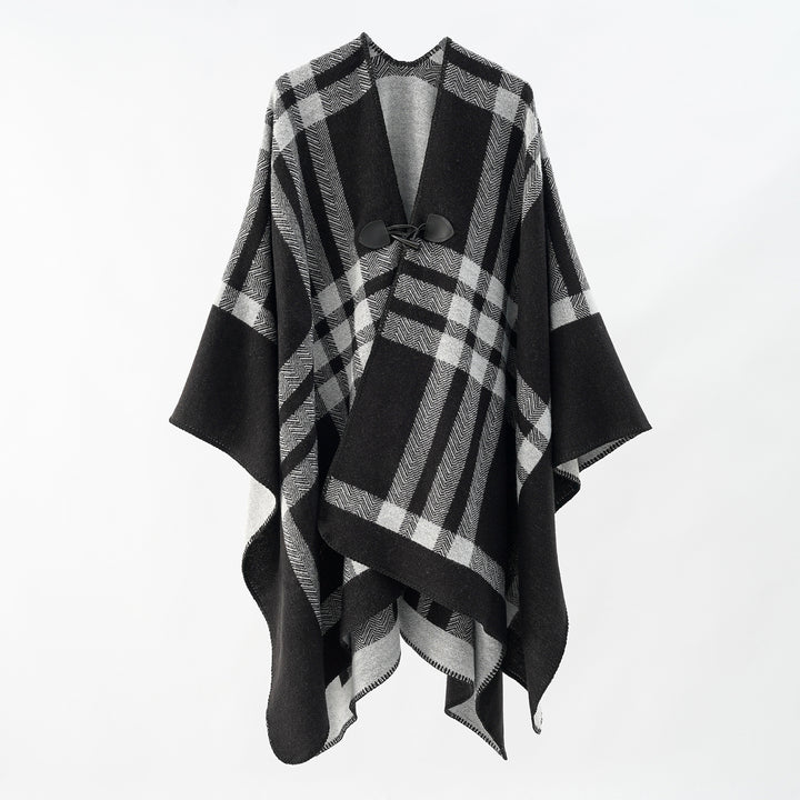 Damen Reversibler Wollmix-Poncho mit Knebelverschluss und Karomuster Drune