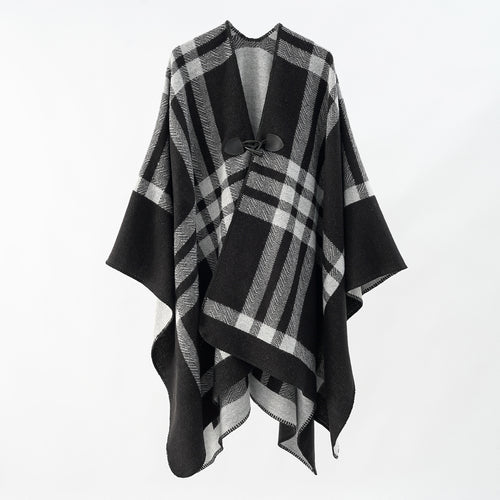 Damen Reversibler Wollmix-Poncho mit Knebelverschluss und Karomuster Drune