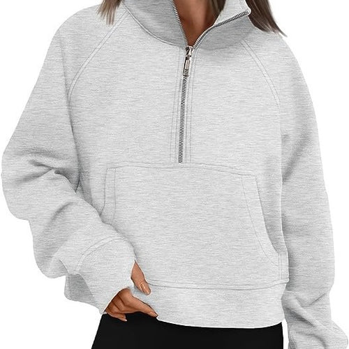 Damen nan cropped Halbzip-Sweatshirt mit hohem Stehkragen, Kängurutasche und überschnittener Schulter Drune