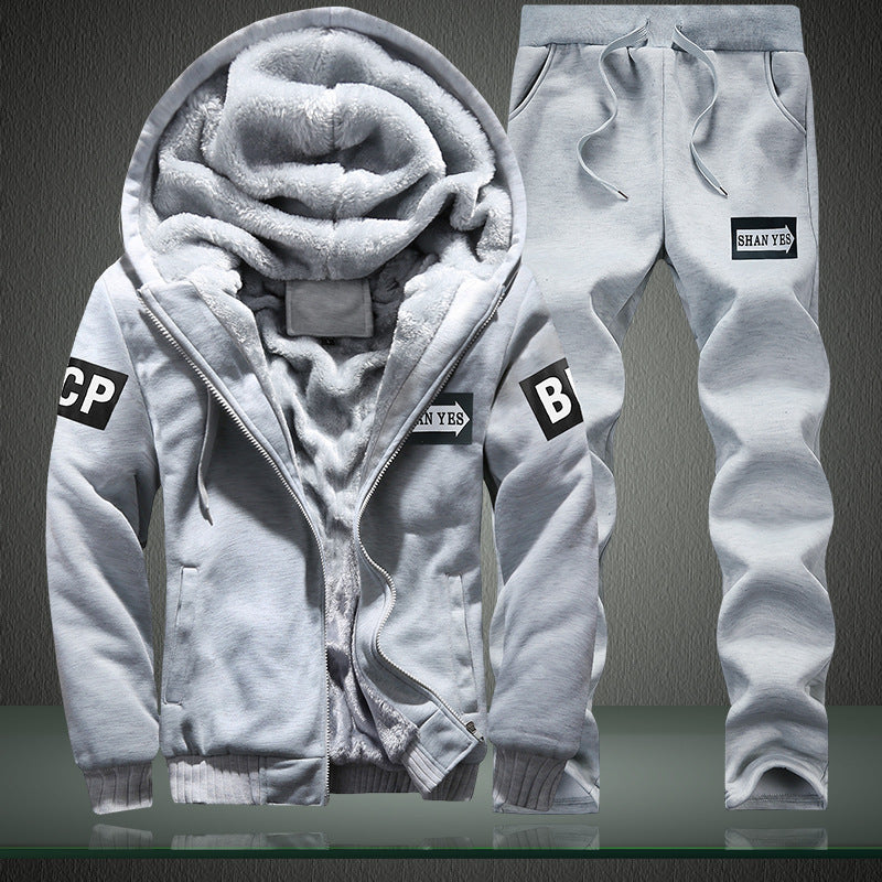 Herren warmes zweiteiliges Trainingsset mit Teddyfutter, Kapuzenjacke und Kordel-Jogginghose Drune