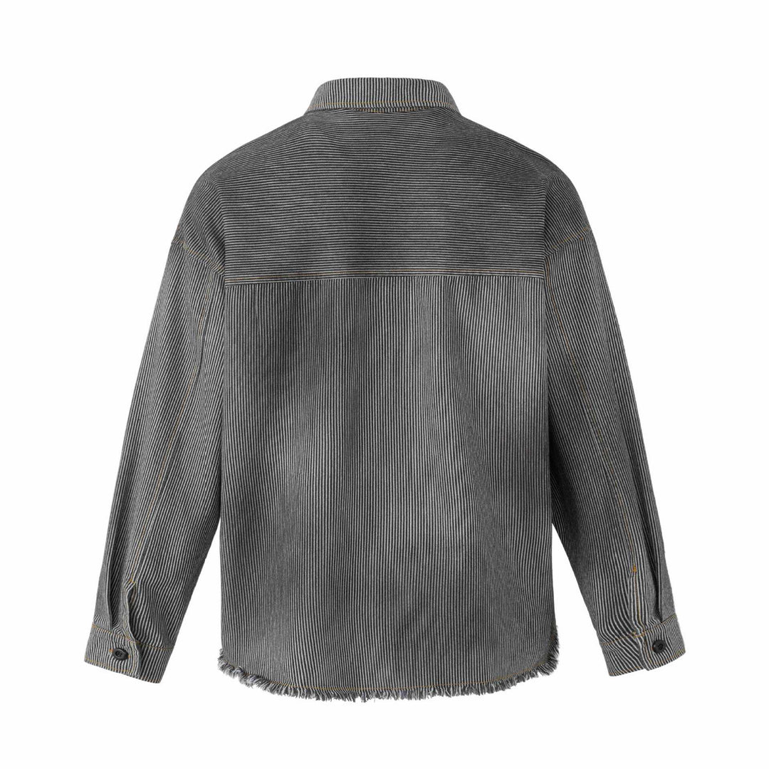 Damen Overshirt-Jacke aus gestreiftem Denim mit Fransen und Used-Details Drune