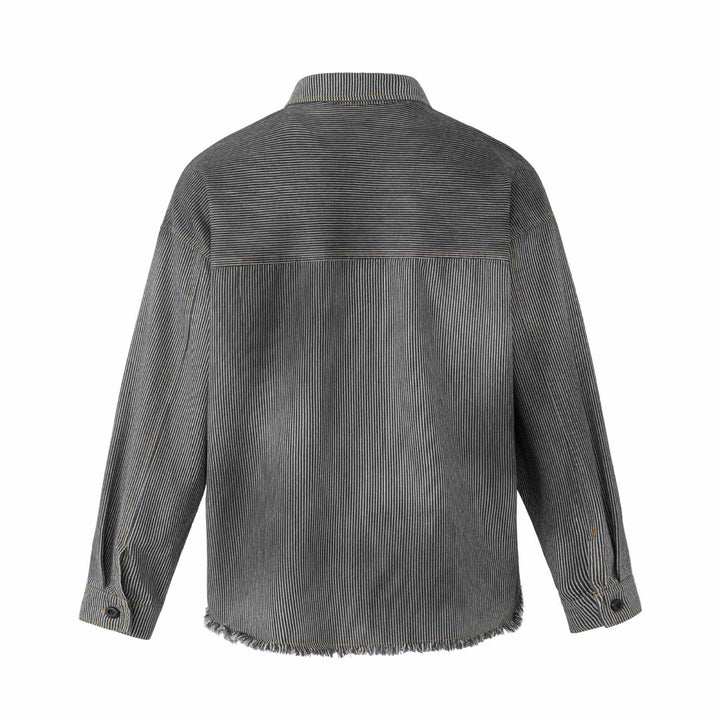 Damen Overshirt-Jacke aus gestreiftem Denim mit Fransen und Used-Details Drune