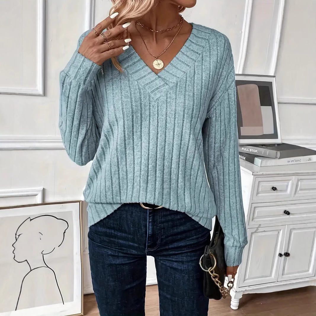 Damen V-Ausschnitt Strickpullover mit Rippenstruktur und lässigem Schnitt Drune