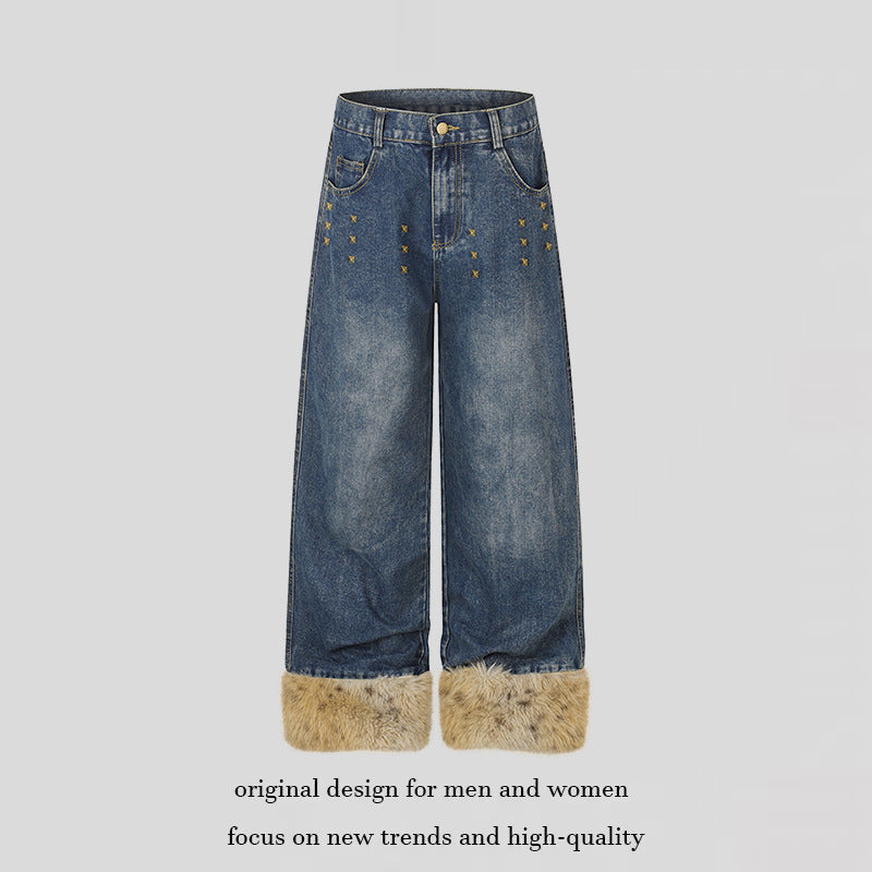 Damen Weite Denim-Palazzo-Jeans mit Fellbündchen und Nieten Drune
