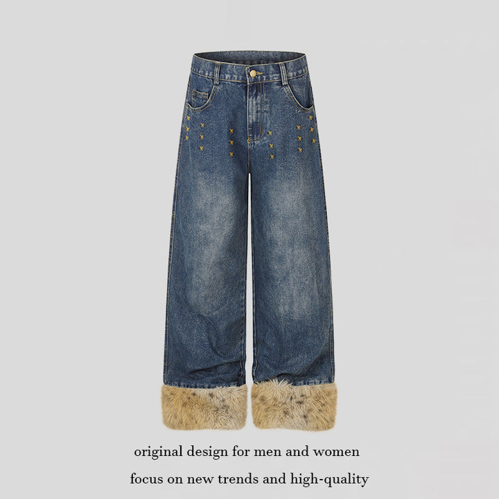 Damen Weite Denim-Palazzo-Jeans mit Fellbündchen und Nieten Drune