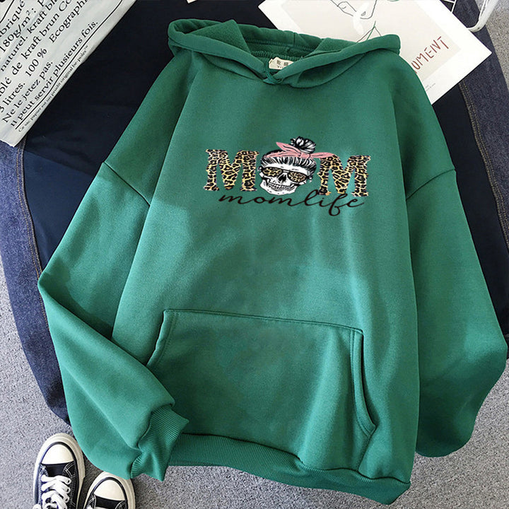 Damen nan Kapuzenpullover mit "Momlife" Skull-Print, Kängurutasche, weichem Fleece-Innenfutter und lockerer Oversize-Passform Drune