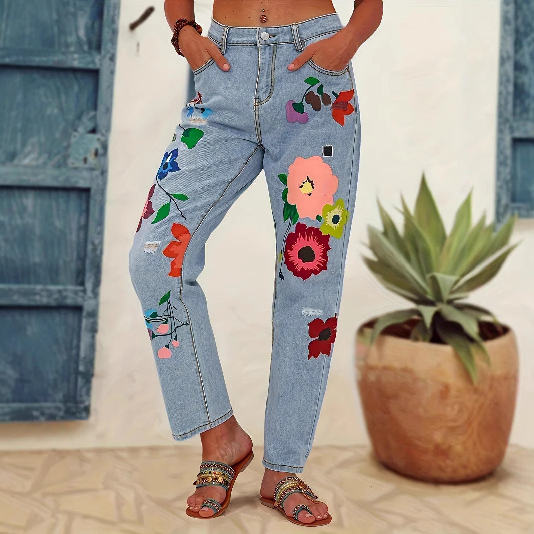 Damen Gerade geschnittene Jeans mit bunten Blumenapplikationen und leichten Destroy-Details Drune