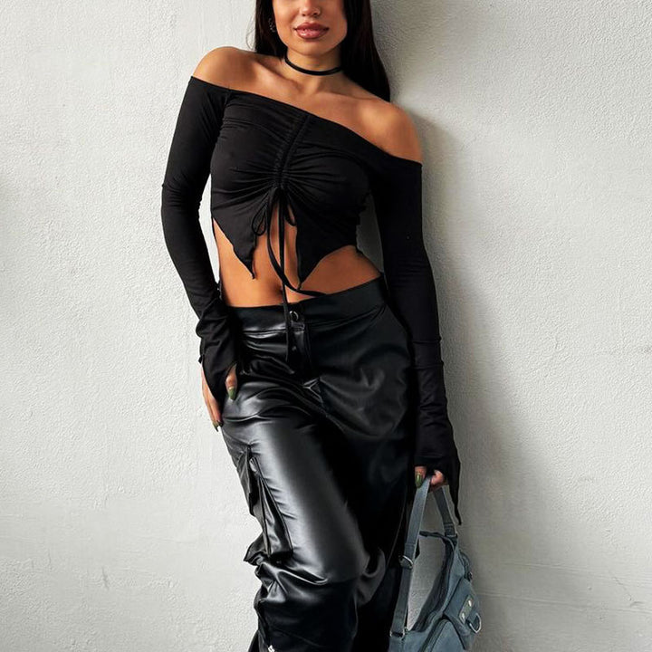 Damen Kapuzen Crop-Oberteil mit weitem Ärmel und Kordelzug Drune
