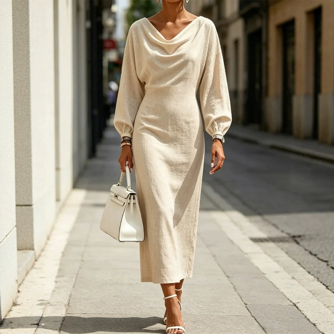 Damen Elegantes Midikleid mit drapiertem Ausschnitt, taillierter Silhouette und Ballonärmeln Drune