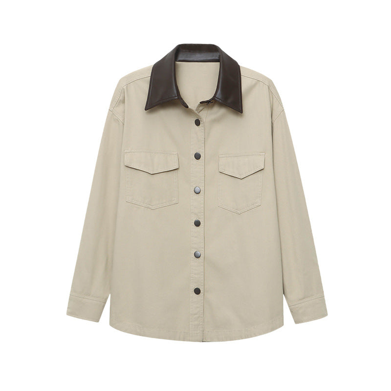 Damen lässige Utility-Hemdjacke mit kontrastierendem Kragen und praktischen Taschen Drune