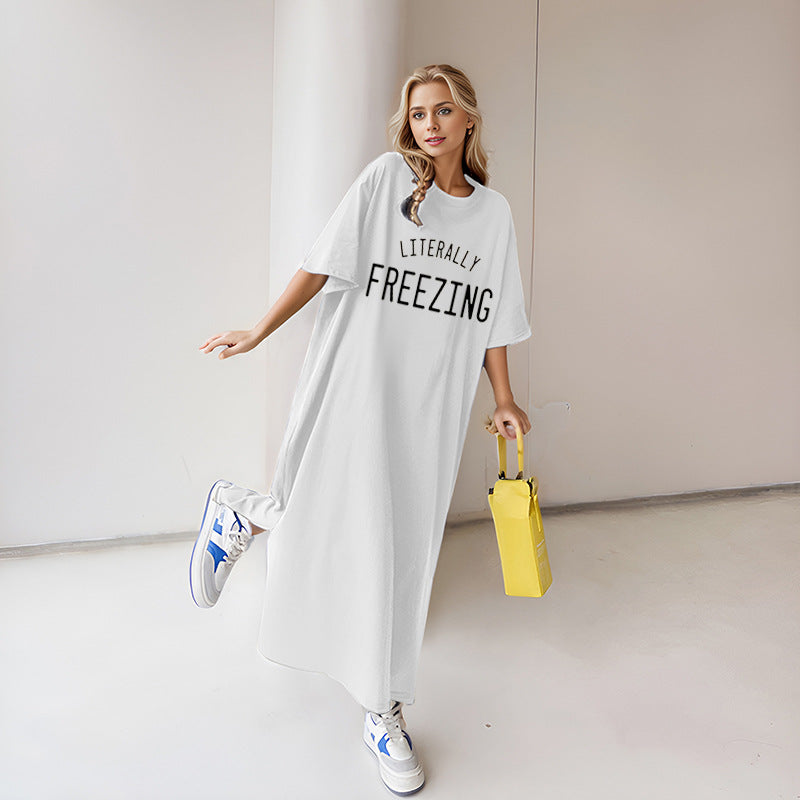 Damen nan lässiges Oversize Maxi-T-Shirt-Kleid mit Rundhals und Statement-Print Drune