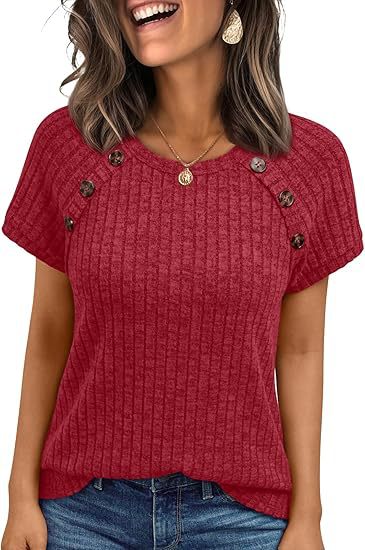 Damen lässiges Rippenstrick-T-Shirt mit Knöpfen Drune