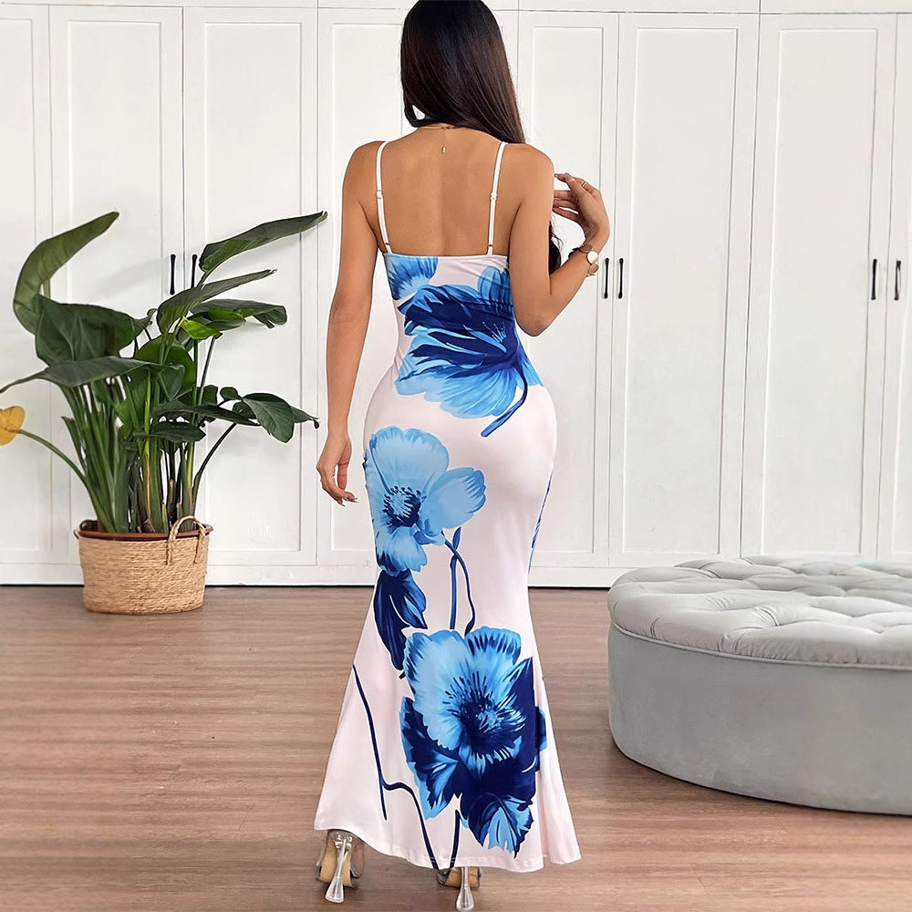 Damen Floral Maxikleid mit zarten Spaghetti-Trägern und figurbetontem Schnitt Drune