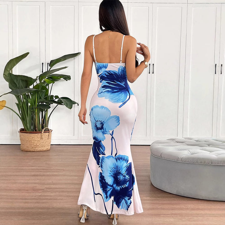 Damen Floral Maxikleid mit zarten Spaghetti-Trägern und figurbetontem Schnitt Drune