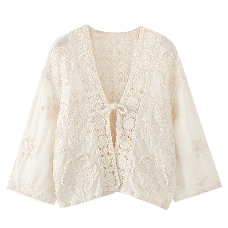 Damen Boho‑Häkelspitzenjacke mit V‑Ausschnitt und Bindeband Drune