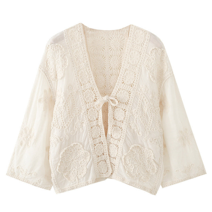 Damen Boho‑Häkelspitzenjacke mit V‑Ausschnitt und Bindeband Drune