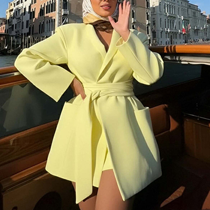 Damen Elegante Sommerjacke mit Bindegürtel und praktischen Taschen Drune