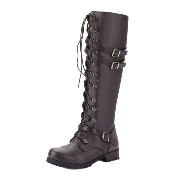 Damen nan kniehohe Schnürstiefel im Militär-Vintage Stil mit dekorativen Riemen und verstellbaren Schnallen Drune
