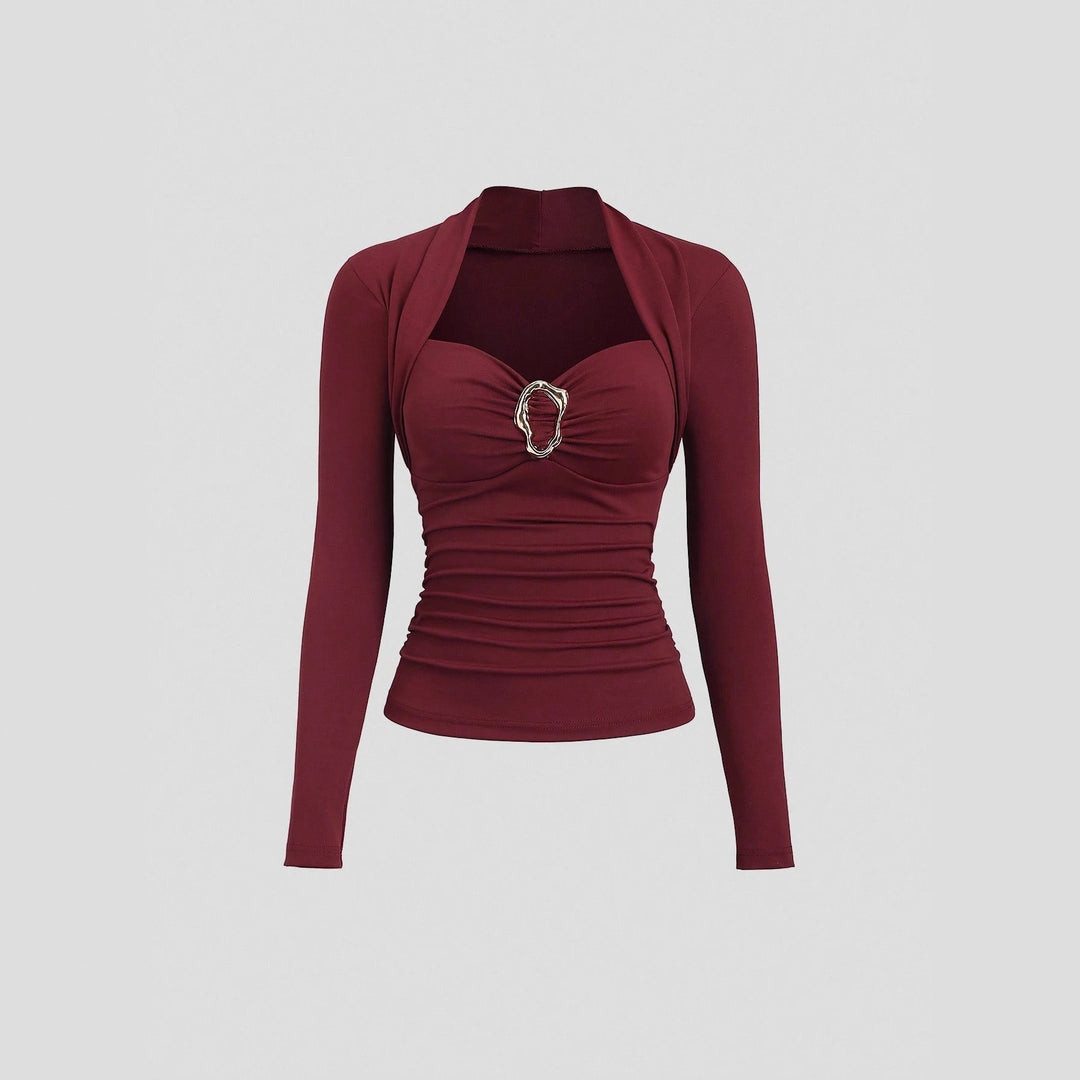Damen nan figurbetontes Raffung-Top mit herzförmigem Dekolleté, Bustier-Optik und goldener Schmuckklemme Drune